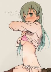 Rule 34 | 10s, 1girl, arms up, bad id, bad twitter id, blush, bra, bra lift, breasts, clothes lift, full-face blush, green eyes, green hair, hair ornament, hairclip, jpeg artifacts, kantai collection, long hair, looking at viewer, matching hair/eyes, open mouth, panties, pink bra, sabo1038, shirt lift, side-tie panties, simple background, sitting, skirt, unworn skirt, solo, suzuya (kancolle), sweat, text focus, thighhighs, translated, underboob, underwear, undressing, white panties