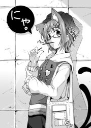 Rule 34 | 1girl, alternate costume, animal ears, bag, bespectacled, cat ears, cat girl, cat tail, chen, clothes writing, contemporary, earrings, female focus, food, glasses, greyscale, hamayumiba sou, hat, jewelry, monochrome, multiple tails, pocky, short hair, solo, tail, touhou