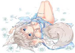 Rule 34 | 1girl, :c, animal ears, blue eyes, blush, bottomless, breasts, cleavage, collarbone, commentary request, flower, fox ears, fox tail, full body, grey hair, japanese clothes, kimono, knees up, lily (flower), long hair, long sleeves, looking at viewer, lying, medium breasts, no shoes, off shoulder, on back, original, petals, socks, solo, tail, white background, white socks, wide sleeves, yukishiro arte