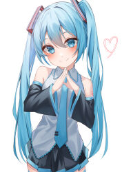 Rule 34 | 1girl, absurdres, aqua eyes, aqua hair, aqua nails, aqua necktie, aqua skirt, bare shoulders, black skirt, black sleeves, blue thighhighs, blush, collared shirt, commentary request, detached sleeves, double-parted bangs, hair between eyes, hatsune miku, head tilt, heart, highres, long hair, looking at viewer, multicolored clothes, multicolored skirt, necktie, own hands together, pleated skirt, ryaru ryaru, shirt, simple background, skirt, smile, solo, split mouth, thighhighs, very long hair, vocaloid, white background, white shirt