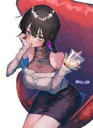 Rule 34 | 1girl, black choker, black hair, blunt bangs, bocchi the rock!, breasts, chair, chin piercing, choker, colored inner hair, double-parted bangs, dress, drink, ear piercing, green eyes, grey dress, head rest, highres, holding, holding drink, large breasts, long hair, multicolored hair, off-shoulder sweater, off shoulder, pa-san, piercing, purple hair, scripco, sitting, solo, sweater, turtleneck, twitter username