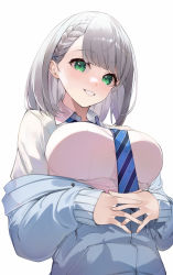 Rule 34 | 1girl, absurdres, blue sweater, blush, braid, breasts, cowboy shot, french braid, from behind, green eyes, grey hair, highres, hololive, interlocked fingers, large breasts, looking at viewer, mimizuku (mmiganaru), necktie, off shoulder, own hands together, parted lips, shirogane noel, shirogane noel (school uniform), shirt, short hair, side braid, sleeves past wrists, smile, solo, sweater, teeth, virtual youtuber, white background, white shirt