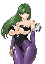 Rule 34 | 1girl, 66head, arm behind back, bad id, bad pixiv id, breasts, capcom, detached sleeves, green hair, hair over one eye, huge breasts, legs together, long hair, morrigan aensland, pantyhose, purple pantyhose, simple background, solo, thighs, vampire (game), white background, wide hips