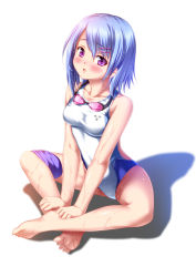 Rule 34 | 1girl, absurdres, barefoot, blue hair, competition swimsuit, feet, goggles, goggles around neck, highres, indian style, kukuri (ahagon), one-piece swimsuit, original, purple eyes, sitting, solo, swimsuit, toes, wet