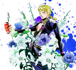 Rule 34 | 1boy, bad id, bad pixiv id, blonde hair, blue eyes, braid, earrings, flower, giorno giovanna, ing0123, jewelry, jojo no kimyou na bouken, lily (flower), long sleeves, looking at viewer, male focus, outstretched arm, parted lips, solo, stud earrings, vento aureo