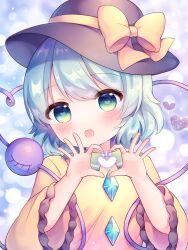 Rule 34 | 1girl, :d, blue background, blue eyes, blue hair, blurry, bokeh, bow, coa (chroo x), depth of field, hands up, hat, hat bow, heart, heart-shaped pupils, heart hands, koishi day, komeiji koishi, looking at viewer, open mouth, short hair, simple background, smile, solo, symbol-shaped pupils, third eye, touhou, yellow bow