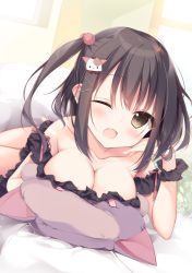 Rule 34 | 1girl, ;d, bare shoulders, black dress, black hair, blurry, blurry background, blush, breasts, brown eyes, cat hair ornament, cleavage, collarbone, commentary request, day, dress, fang, frilled dress, frills, hair ornament, hairclip, highres, large breasts, looking at viewer, lying, medium breasts, off-shoulder dress, off shoulder, on stomach, one eye closed, one side up, open mouth, original, pillow, shirosei mochi, smile, solo, window, wrist cuffs