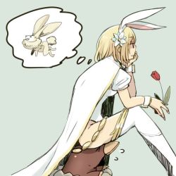Rule 34 | &gt; &lt;, 10s, 1girl, animal ears, bethn, blonde hair, cape, djeeta (granblue fantasy), closed eyes, fake animal ears, fingernails, flower, flying sweatdrops, granblue fantasy, green background, hair flower, hair ornament, hairband, head rest, leaf, leotard, mole, mole (animal), open mouth, puffy short sleeves, puffy sleeves, rabbit, rabbit ears, sage (granblue fantasy), short hair, short sleeves, simple background, sitting, sitting on animal, sitting on face, sitting on person, solo, t t, thighhighs, thought bubble, tulip, white thighhighs, wrist cuffs