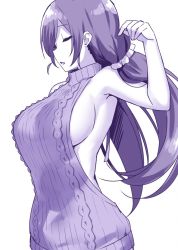 Rule 34 | 1girl, backless dress, backless outfit, breasts, commentary request, dress, closed eyes, highres, large breasts, long hair, love live!, love live! school idol project, meme attire, monochrome, open mouth, purple theme, scrunchie, sideboob, simple background, sky-freedom, solo, standing, sweater, sweater dress, tojo nozomi, turtleneck, twintails, upper body, virgin killer sweater, white background