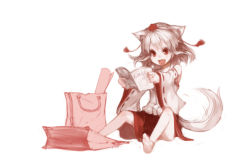 Rule 34 | 1girl, animal ears, bag, bare legs, barefoot, detached sleeves, fang, feet, female focus, happy, hat, inubashiri momiji, junwool, long sleeves, monochrome, open mouth, reading, red eyes, shopping bag, short hair, silver hair, simple background, sitting, smile, solo, spot color, tail, touhou, translated, wolf ears, wolf tail