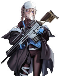 Rule 34 | 1girl, baseball cap, blonde hair, blue gloves, blush, closed mouth, cowboy shot, girls&#039; frontline, gloves, gun, hat, highres, holding, holding gun, holding weapon, kitsune udon (ai br), looking at viewer, medium hair, purple eyes, rifle, scar-h (girls&#039; frontline), simple background, sniper rifle, solo, standing, turtleneck bodysuit, weapon, white background, white hat