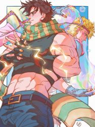 Rule 34 | 2boys, abs, absurdres, arm up, bare shoulders, battle tendency, belt, belt buckle, blonde hair, blue gloves, blue jacket, brown hair, bubble, buckle, caesar anthonio zeppeli, chinese commentary, clenched hand, closed mouth, cloud, commentary request, crop top, cropped jacket, day, denim, facial mark, feather hair ornament, feathers, fingerless gloves, fist in hand, gloves, green eyes, hair ornament, hamon, headband, highres, huge filesize, jacket, jeans, jojo no kimyou na bouken, joseph joestar, joseph joestar (young), light smile, looking away, lossy-lossless, male focus, midriff, multiple boys, muscular, pants, pink scarf, scarf, short hair, signature, standing, striped clothes, striped scarf, zechuan
