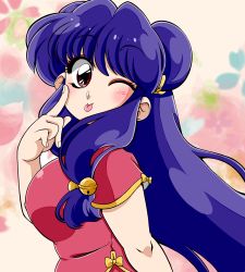 Rule 34 | 1girl, ;p, akanbe, bell, chinese clothes, commentary request, double bun, eyelid pull, floral background, hair bun, hair ornament, highres, looking at viewer, one eye closed, purple hair, ranma 1/2, ribbon, shampoo (ranma 1/2), smile, solo, suzusato rinka, tongue, tongue out, wink