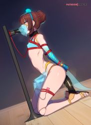 Rule 34 | 1boy, androgynous, bdsm, blue eyes, bondage, bound, bound arms, braid, brown hair, bulge, collar, commission, crop top, dildo, dildo riding, doll joints, egg vibrator, erection, erection under clothes, fellatio, french braid, hair bun, harem outfit, highres, joints, male focus, male penetrated, matemi, mouth veil, oral, original, penis vibrator, profile, red rope, restrained, rope, sex toy, shibari, shibari over clothes, trap, veil, vibrator, vibrator on penis