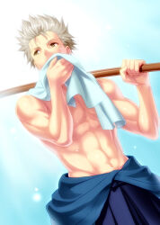 Rule 34 | 1boy, abs, biceps, blue background, blue hakama, brown eyes, commentary request, cowboy shot, grey hair, hakama, hands up, holding, holding sword, holding towel, holding weapon, japanese clothes, little busters!, looking afar, miyazawa kengo, muscular, muscular male, nose, short hair, simple background, solo, spiked hair, standing, sweat, sword, topless, towel, weapon, wiping face, wooden sword, zen (kamuro)