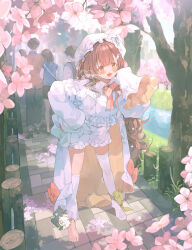 Rule 34 | 2boys, 3girls, :3, asymmetrical legwear, blush, bow, bowtie, brown hair, cape, charm (object), cherry blossoms, cherry tree, commentary, commission, flower, frilled shorts, frills, hand on own hip, hat, highres, long hair, looking at viewer, loose leg warmer, mob cap, multiple boys, multiple girls, no shoes, open mouth, original, outdoors, patch oxxo, pink flower, red bow, red bowtie, red eyes, shorts, single barefoot, single thighhigh, sleeves past fingers, sleeves past wrists, solo focus, standing, symbol-only commentary, thighhighs, very long hair, white cape, white hat, white shorts, white thighhighs