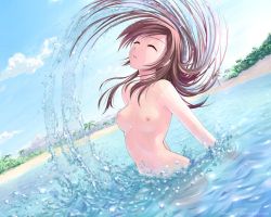 Rule 34 | 1girl, atomixart, beach, breasts, brown hair, cloud, collarbone, closed eyes, island, long hair, mountain, nipples, nude, ocean, open mouth, palm tree, partially submerged, sand, sky, small breasts, tree, water, wet