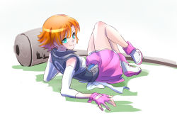 Rule 34 | 1girl, aqua eyes, blush, emblem, fingerless gloves, full body, gloves, grin, hammer, happy, highres, iesupa, jacket, looking at viewer, looking back, lying, miniskirt, nora valkyrie, on floor, on ground, orange hair, pink gloves, pink skirt, ribbon, rwby, shoes, simple background, skirt, sleeveless, smile, solo, vest, war hammer, warhammer, weapon, white background