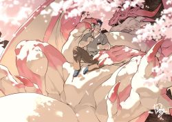 Rule 34 | 2boys, bara, brown pants, burger, cherry blossoms, cloaca, dragon boy, dragon horns, eating, food, full body, furry, furry male, furry with non-furry, giant, giant male, hanami, headpat, highres, horns, interspecies, kimidori (dera kimidori), large pectorals, male focus, multiple boys, muscular, muscular male, nude, original, pants, pectorals, short hair, sideburns, size difference, smile, socks, tusks, yaoi