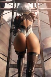 Rule 34 | 1girl, absurdres, ass, ass focus, back cutout, boots, clothing cutout, feather-trimmed sleeves, from behind, highleg, highleg leotard, highres, juliet sleeves, leotard, long sleeves, lower body, nier (series), nier:automata, puffy sleeves, solo, thigh boots, thighhighs, thighhighs under boots, white background, white leotard, 2b (nier:automata)