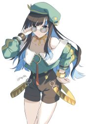 Rule 34 | 1girl, bare shoulders, beret, black hair, blue eyes, blue hair, buttons, colored inner hair, double-breasted, fate/grand order, fate (series), green hat, green jacket, hat, highres, jacket, jewelry, long hair, looking at viewer, looking over eyewear, multicolored hair, neck ring, o-ring, off shoulder, round eyewear, shorts, sidelocks, simple background, solo, sunglasses, tenochtitlan (fate), tenochtitlan (second ascension) (fate), tinted eyewear, twitter username, wavy hair, white background, ymgyk2, zipper