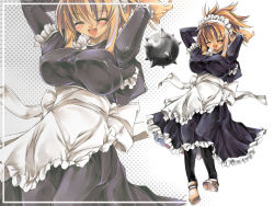 Rule 34 | 1girl, aburidashi zakuro, apron, arms up, blonde hair, breasts, dress, frills, huge breasts, impossible clothes, impossible dress, maid, maid apron, maid headdress, open mouth, pantyhose, smile, solo focus, spike ball, wallpaper, weapon, zoom layer