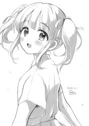 Rule 34 | 1girl, :d, blush, dated, floating hair, greyscale, hair ribbon, highres, idolmaster, idolmaster cinderella girls, looking at viewer, mitsuyahachiko, monochrome, ogata chieri, open mouth, ribbon, signature, simple background, smile, solo, twintails, upper body