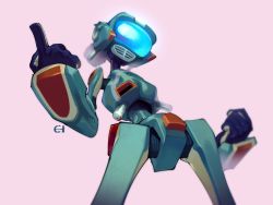 Rule 34 | canti, clenched hand, eigaka, flcl, highres, humanoid robot, index finger raised, machinery, no humans, non-humanoid robot, pink background, pointing, robot, screen, signature, television