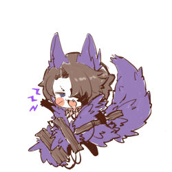 Rule 34 | 1boy, :3, animal ears, arm up, black gloves, brown hair, chibi, coat, e.g.o (project moon), fangs, gloves, heathcliff (project moon), holding, jewelry, limbus company, necklace, open mouth, project moon, purple coat, purple eyes, smile, solo, tail, tooth necklace, uchimura (rino0525), utility pole, wolf ears, wolf tail