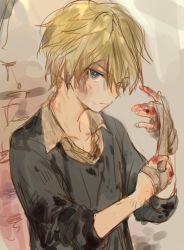 Rule 34 | 1boy, bandages, blonde hair, blood, blue eyes, bruise, injury, johan talede, kuzuvine, looking at viewer, lord of heroes, male focus, pale skin, solo, stained clothes