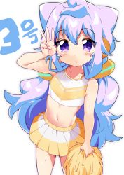 Rule 34 | 1boy, ahoge, blue hair, blush, cheerleader, hacka doll, hacka doll 3, hair between eyes, highres, kinoshita sasami, long hair, looking at viewer, looking up, male focus, midriff, navel, open mouth, pleated skirt, pom pom (cheerleading), purple eyes, simple background, skirt, solo, sweat, trap, white background, yellow skirt
