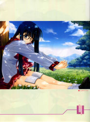 Rule 34 | 1girl, absurdres, bespectacled, blue eyes, blue hair, blue sky, blush, book, cloud, day, field, flower, flower field, glasses, highres, kusakabe yuuki (to heart 2), looking at viewer, matching hair/eyes, nakamura takeshi, non-web source, one eye closed, pleated skirt, ribbon, school uniform, shoes, sitting, skirt, sky, smile, socks, solo, stretching, to heart (series), to heart 2, tree