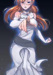 Rule 34 | 1girl, black background, bleach, blue eyes, breasts, brown hair, dress, floating hair, hair between eyes, hair ornament, inoue orihime, large breasts, long dress, long hair, long sleeves, looking at viewer, open mouth, pleated dress, solo, soraao0322, standing, swept bangs, torn clothes, torn dress, white dress