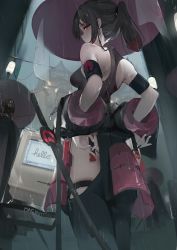 Rule 34 | 1girl, 2others, absurdres, armlet, armor, ass, bare shoulders, black hair, black pants, breasts, building, closed mouth, dleung, english text, feet out of frame, from behind, from below, gradient hair, hat, highres, hip vent, japanese armor, lantern, long hair, long sleeves, looking at viewer, looking back, looking down, medium breasts, multicolored hair, multiple others, off shoulder, open clothes, original, outdoors, pants, paper lantern, ponytail, purple headwear, rain, red eyes, red hair, revealing clothes, sidelocks, solo focus, standing, thigh strap