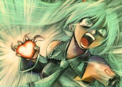 Rule 34 | amputee, android, angry, aqua hair, detached sleeves, hatsune miku, heart, long hair, necktie, open mouth, parody, solo, tears, top wo nerae!, twintails, vocaloid, yusao