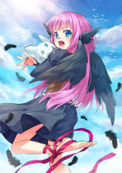 Rule 34 | 1girl, ankle ribbon, bad id, bad pixiv id, barefoot, black dress, black feathers, black wings, blue eyes, blush, cloud, corset, day, dress, fang, feathers, happy, head wings, leg ribbon, long hair, looking back, noma (kifyz23), open mouth, original, pink hair, ribbon, sky, solo, wings