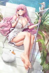 Rule 34 | 1girl, absurdres, ass, barefoot, bird, blue eyes, blush, breasts, chair, cleavage, duck, feet, hand on own cheek, hand on own face, highres, huge breasts, large breasts, long hair, looking at viewer, lounge chair, muloli, panties, pantyshot, parted lips, pink hair, pool, soles, solo, staff, toes, underwear