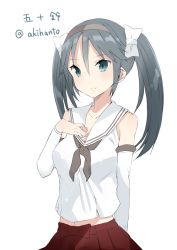 Rule 34 | 10s, 1girl, akiha (attract), bad id, bad twitter id, breasts, character name, detached sleeves, hair ribbon, hand on own chest, isuzu (kancolle), kantai collection, kskasutera, long hair, ribbon, school uniform, simple background, smile, solo, twintails, twitter username, white background