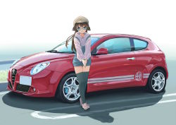 Rule 34 | 1girl, alfa romeo, alfa romeo mito, amemiya sekira, black thighhighs, brown hair, brown hat, cabbie hat, car, day, glasses, green-framed eyewear, hat, highres, hood, hood down, hoodie, long hair, long sleeves, looking at viewer, motor vehicle, original, outdoors, overall shorts, overalls, own hands together, palms together, parted lips, pink footwear, puffy long sleeves, puffy sleeves, purple hoodie, sekira ame, semi-rimless eyewear, shoes, smile, solo, thighhighs, two side up, under-rim eyewear, vehicle focus, very long hair