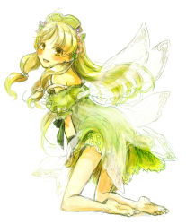 Rule 34 | 1girl, 38kb (38shiki), atelier (series), atelier ayesha, ayesha altugle, bare shoulders, barefoot, blonde hair, blush, brown eyes, fairy wings, female focus, full body, green skirt, hair ornament, kneeling, long hair, looking at viewer, looking back, off shoulder, open mouth, simple background, skirt, smile, solo, white background, wings