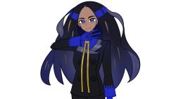 Rule 34 | 1girl, black hair, black jacket, blue eyes, blue gloves, blue shirt, closed mouth, commentary request, creatures (company), dark-skinned female, dark skin, eyelashes, forehead, game freak, geeta (pokemon), gloves, hand up, highres, jacket, long hair, long sleeves, molingxiang chimangguo, neck ribbon, nintendo, pokemon, pokemon sv, ribbon, shirt, simple background, smile, solo, white background, yellow ribbon