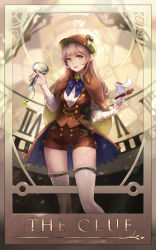 Rule 34 | 1girl, absurdres, artist name, breasts, brown hat, brown shorts, chain, clock, coat, deerstalker, detective, gold, green eyes, hat, heart, highres, holding, holding notepad, holding pen, jang hj, long sleeves, looking at viewer, magnifying glass, medium breasts, notepad, original, pen, roman numeral, shorts, solo, thighhighs, trench coat, watermark, web address, white thighhighs