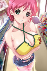 Rule 34 | 00s, 1girl, belt, breasts squeezed together, breasts, cleavage, denim, game cg, green eyes, happoubi jin, huge breasts, iihara nao, jeans, looking at viewer, navel, no bra, pants, pink hair, red hair, resort boin, short hair, shorts, smile, solo, thighhighs