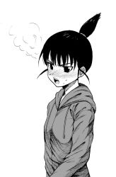 Rule 34 | 1girl, ami (yakumo00), angry, bad id, bad pixiv id, black hair, blush, genshiken, greyscale, highres, hood, hoodie, monochrome, ogiue chika, short hair, shouting, simple background, solo, sweat, sweater, topknot, white background