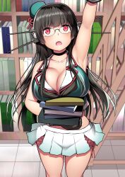 Rule 34 | 1girl, absurdres, arm up, black choker, black gloves, black hair, blush, book, bookshelf, breasts, choker, choukai (kancolle), choukai kai ni (kancolle), cleavage, glasses, gloves, hat, headgear, highres, holding, holding book, kantai collection, kuromayu, large breasts, long hair, looking up, mini hat, miniskirt, open mouth, pleated skirt, red eyes, skirt, solo