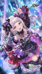 Rule 34 | 1girl, bare shoulders, black dress, blunt bangs, blush, breasts, detached sleeves, dress, halterneck, highres, hololive, long hair, looking at viewer, murasaki shion, murasaki shion (gothic lolita), open mouth, purple skirt, sidelocks, silver hair, skirt, small breasts, smile, solo, thighhighs, torino aqua, virtual youtuber, yellow eyes