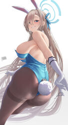 Rule 34 | 1girl, animal ears, ass, asuna (blue archive), asuna (bunny) (blue archive), asymmetrical bangs, bare arms, bare shoulders, blue archive, blue eyes, blue leotard, blush, breasts, brown hair, brown pantyhose, elbow gloves, fake animal ears, fake tail, from behind, gloves, grin, hair ornament, hairband, halo, highres, large breasts, leotard, long hair, looking at viewer, looking back, official alternate costume, pantyhose, parted lips, playboy bunny, rabbit ears, rabbit tail, revision, sideboob, silver bullet (ecc12 8), simple background, smile, solo, strapless, strapless leotard, tail, teeth, thighband pantyhose, thighs, white background, white gloves, white hairband