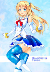 Rule 34 | 1girl, blonde hair, blue eyes, blue thighhighs, blush, elbow gloves, gloves, hair bobbles, hair ornament, long hair, ok-ray, open mouth, original, sailor collar, short twintails, skirt, solo, thighhighs, twintails, two side up