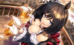 Rule 34 | 1girl, animal ears, beer mug, black hair, black shirt, black sleeves, blue eyes, breasts, cleavage, commentary, cup, detached sleeves, eishin flash (umamusume), flower, frilled shirt, frilled skirt, frilled sleeves, frills, from above, hair flower, hair ornament, highres, holding, holding cup, horse ears, horse girl, horse tail, large breasts, long hair, looking at viewer, mug, open mouth, puffy sleeves, red skirt, shiokonbu, shirt, skirt, solo focus, striped clothes, striped skirt, tail, umamusume, vertical-striped clothes, vertical-striped skirt
