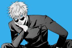 Rule 34 | 1boy, blue background, blue eyes, buttons, closed mouth, commentary request, fushirun rung, gojou satoru, hand on own face, high collar, highres, jacket, jujutsu kaisen, long sleeves, male focus, pants, school uniform, short hair, simple background, solo, sunglasses